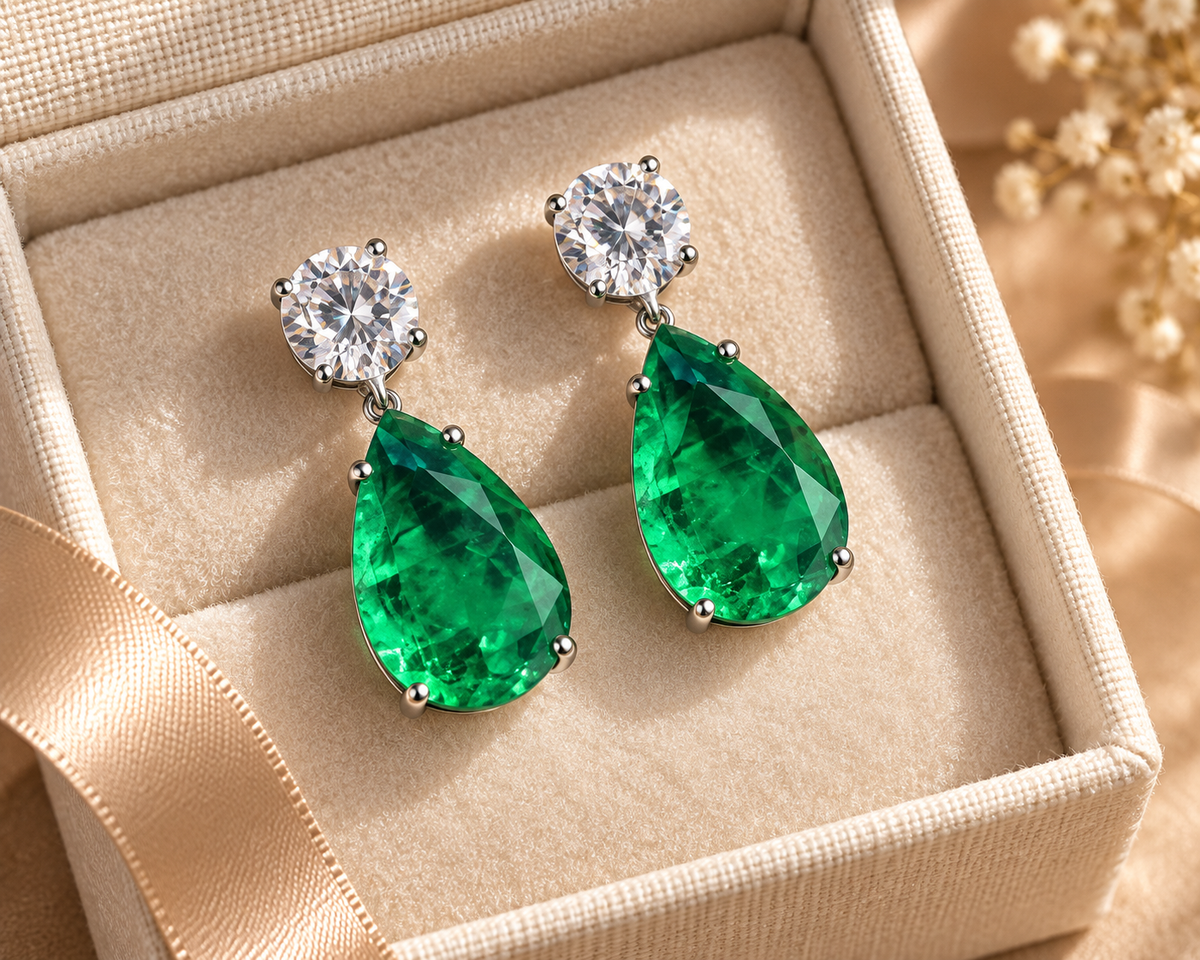 Green pear-drop earrings with clear round stones in an ivory gift box