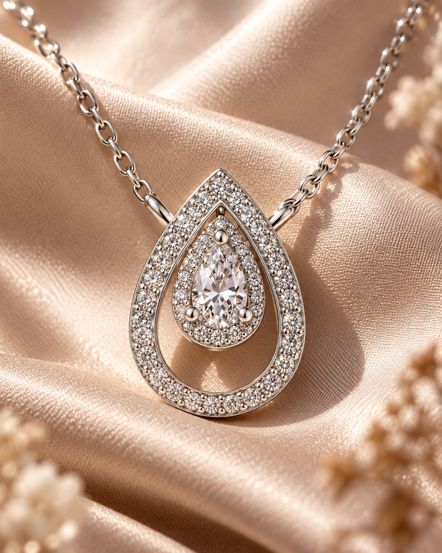 Sparkling double-teardrop silver pendant in a close-up on nude silk