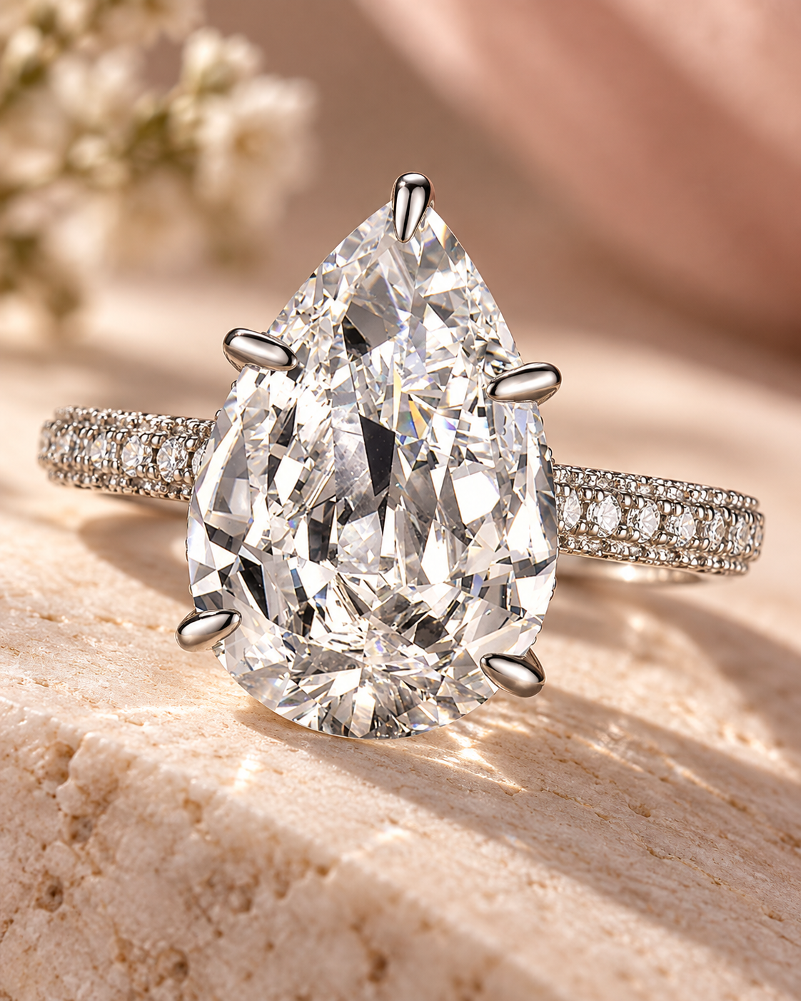 Macro detail of a large pear-cut stone, silver prongs and pavé ring setting